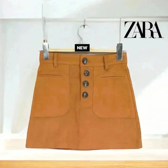 NWOT, ZARA, Faux Suede Decorative Pocket Mini Skirt, Medium, Caramel - Picture 2 of 8